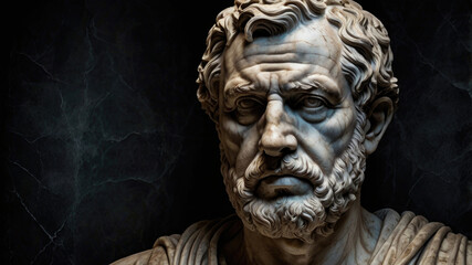 Marble bust of a bearded man with intricate details and dramatic lighting, evoking a sense of classical antiquity and timeless artistry. Perfect for history and art themes.