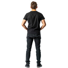 Naklejka premium young man black t-shirt model standing back view full body