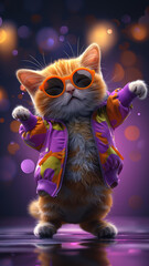 Cute Cat in Sunglasses and Jacket Dancing