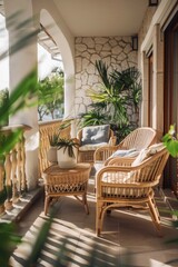 A patio setup featuring wicker chairs and a table in an outdoor setting