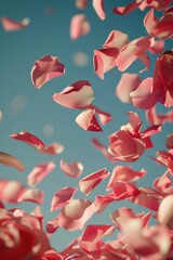 Aerial view of pink petals suspended in mid-air