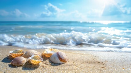 The sun-kissed sand beach is dotted with shells, creating a peaceful scene against the summer sea. The foreground offers abundant copy space for text. 