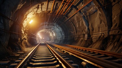 A dark tunnel with a train track running through it