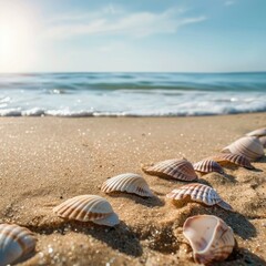 Obraz premium The sun-kissed sand beach is dotted with shells, creating a peaceful scene against the summer sea. The foreground offers abundant copy space for text. 