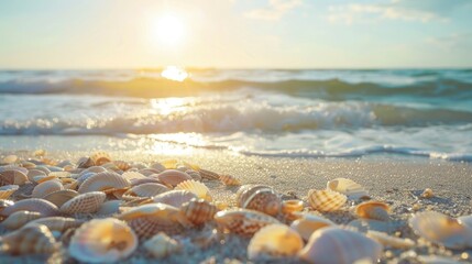 The sun-kissed sand beach is dotted with shells, creating a peaceful scene against the summer sea. The foreground offers abundant copy space for text. 