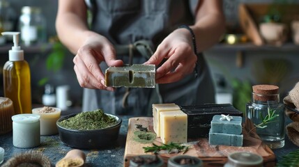 A person making eco-friendly soap bars at home, using natural and sustainable ingredients