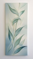 A serene vertical canvas on a white wall, displaying a tranquil abstract foliage design. The leaves are stylized with gentle curves and soft hues of blue and green, evoking a sense of calm and