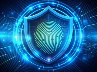 Futuristic fingerprint scanner authenticates secure login to enterprise resource planning system, protected by advanced cybersecurity measures and multifaceted digital shield defenses.