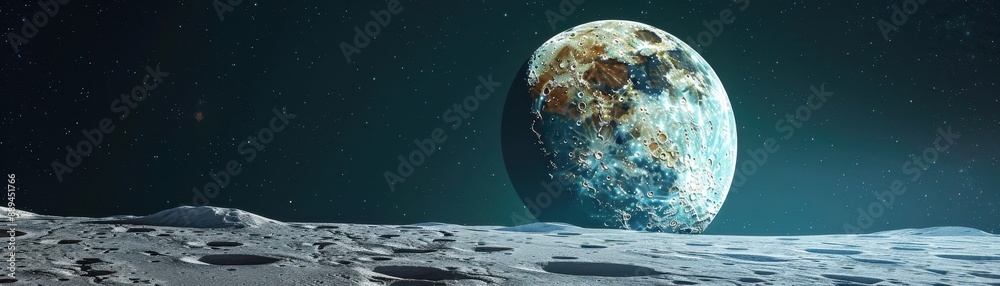 Canvas Prints a large moon is floating above a calm ocean. the sky is filled with stars, creating a serene and pea