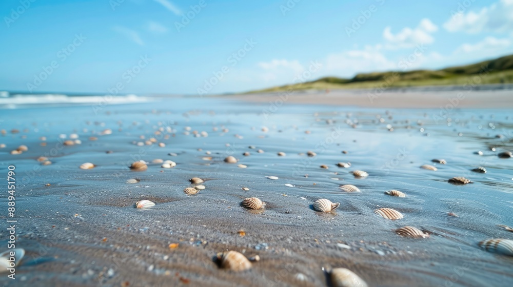 Poster a serene empty sand beach with scattered shells, providing a perfect backdrop for a summer sea scene