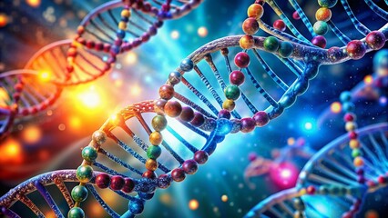 Fototapeta premium Colorful illustration of DNA double helix molecule structure with chromosomes, depicting genetic biotechnology in human genome cells, in a scientific laboratory setting.