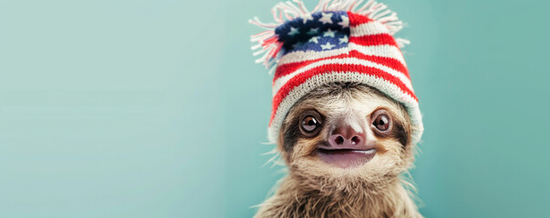 Portrait of a cute baby sloth wearing a stars and stripes hat on a pastel blue background. The sloth's slow-moving charm and the colorful hat create an adorable and patriotic image.