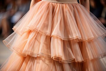 Obraz premium Soft focus close-up of a luxurious peach fuzz hued gathered tulle skirt detail, showcasing delicate layers and subtle texture, epitomizing 2024's minimalist fashion trend.
