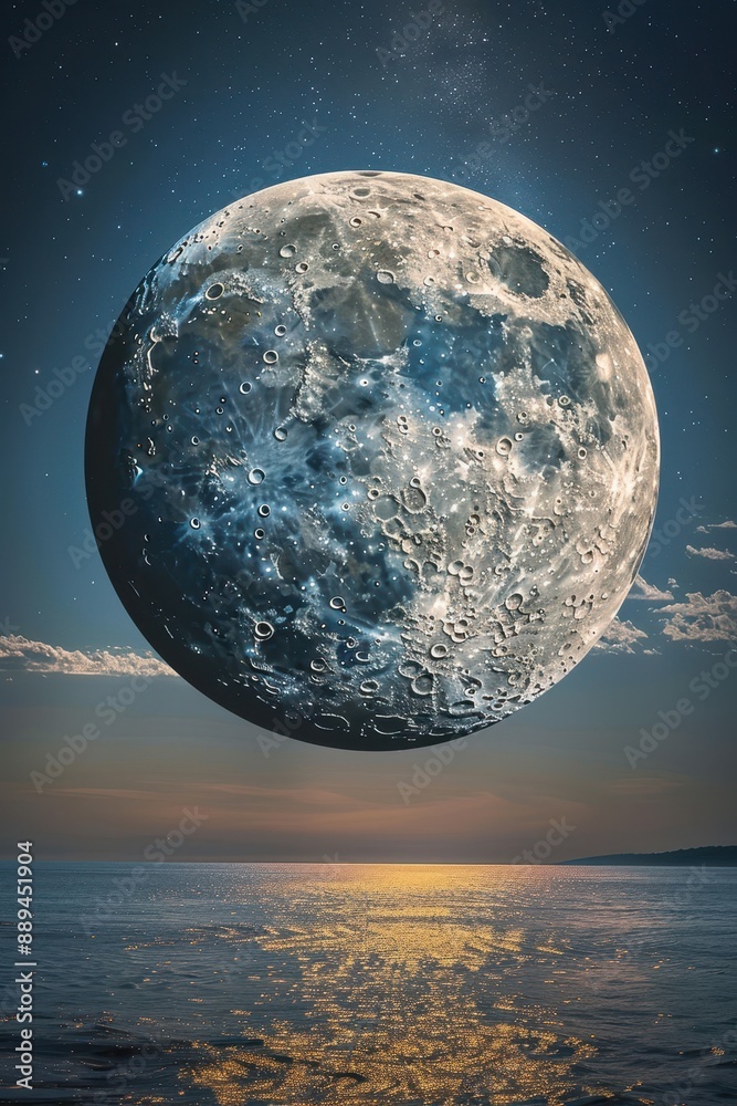 Canvas Prints a large moon is floating above a calm ocean. the sky is filled with stars, creating a serene and pea
