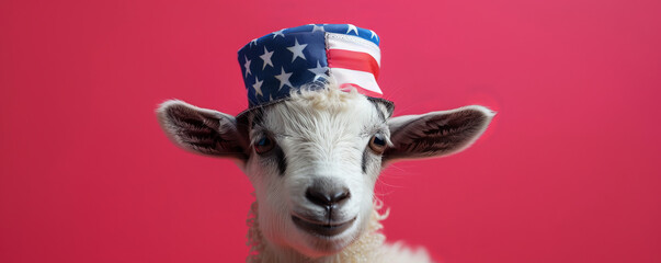 Portrait of a lovable baby goat in a stars and stripes hat on a bright pink background. The goat's playful expression and the patriotic hat make for a delightful and festive scene.