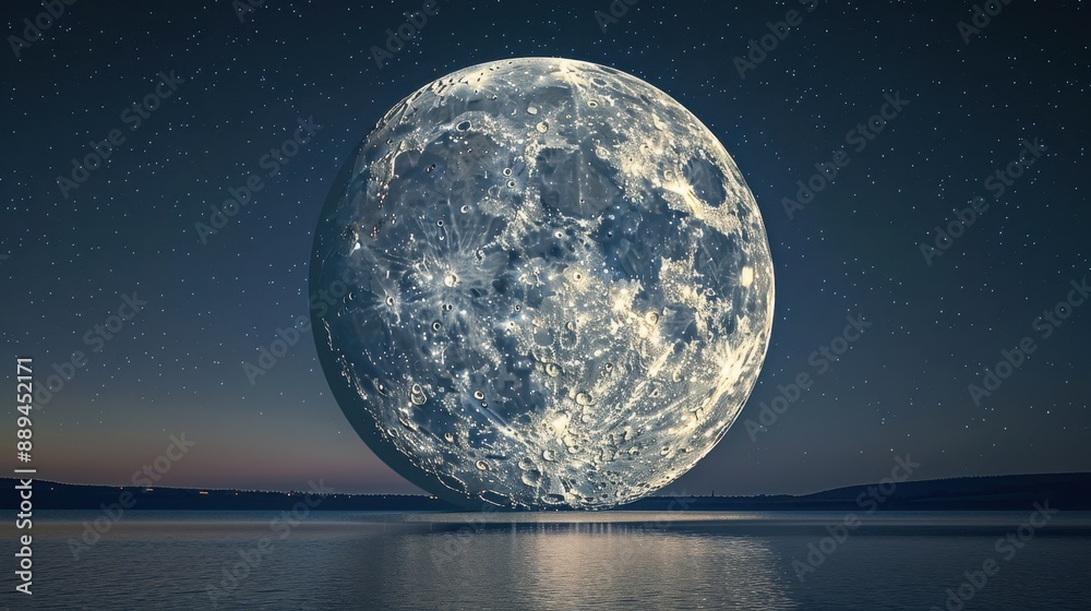 Sticker a large moon is floating above a calm ocean. the sky is filled with stars, creating a serene and pea