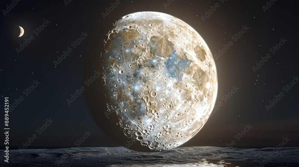 Sticker a large moon is floating above a calm ocean. the sky is filled with stars, creating a serene and pea