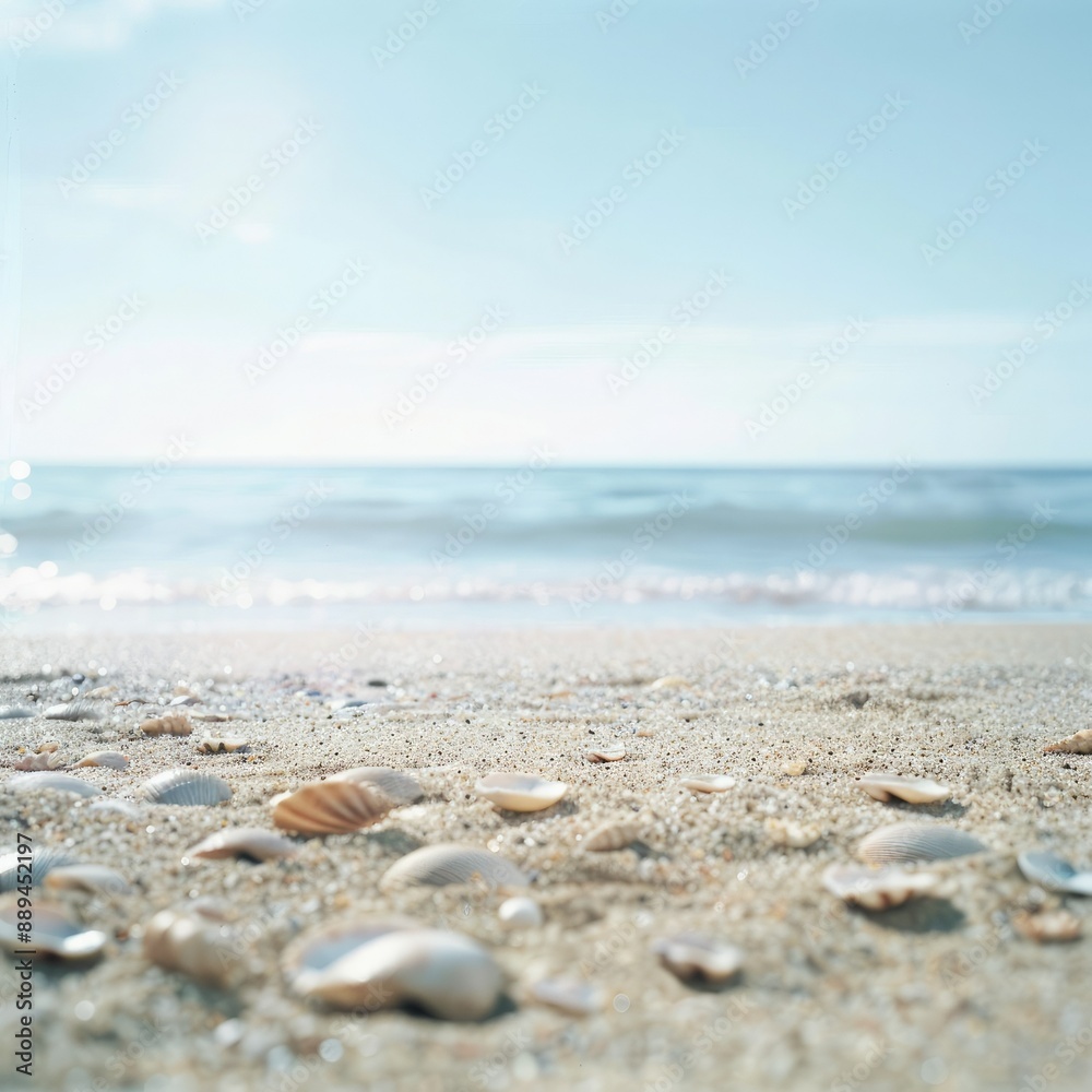 Poster a serene empty sand beach with scattered shells, providing a perfect backdrop for a summer sea scene