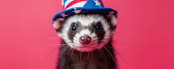 Portrait of a playful ferret wearing a stars and stripes hat on a bright pink background. The ferret's mischievous look and the colorful hat create a fun and patriotic image.