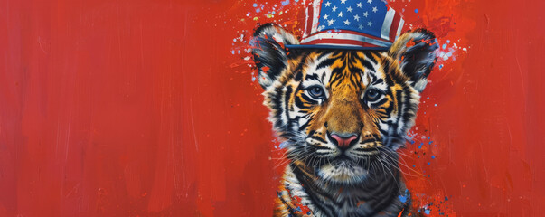 Portrait of a playful baby tiger wearing a stars and stripes hat on a vibrant red background. The tiger's stripes and the colorful hat create a fun and patriotic image.