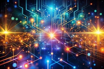 Fototapeta premium Vibrant futuristic digital graphic abstract background featuring intricate circuits, glowing nodes, and flowing particles, representing technological processes and artificial intelligence networks.