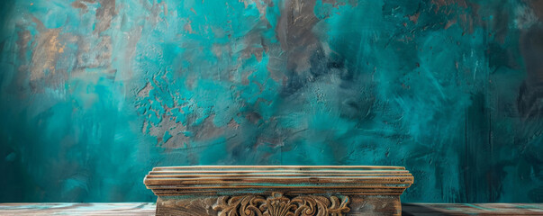 Weathered wooden podium with intricate carvings, perfect for showcasing premium items, set against a bright teal background. The lively color contrasts with the aged wood.
