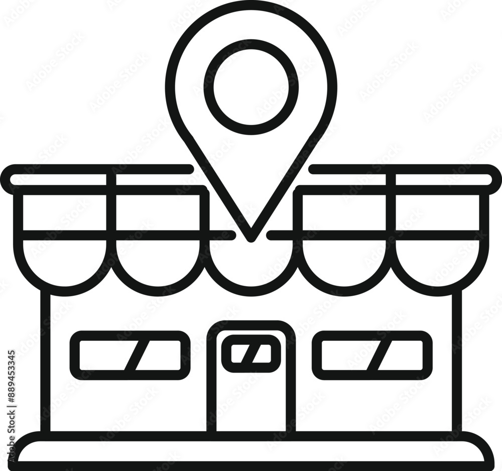 Poster line art icon of a shop with a location pin, representing finding a local business using a map app