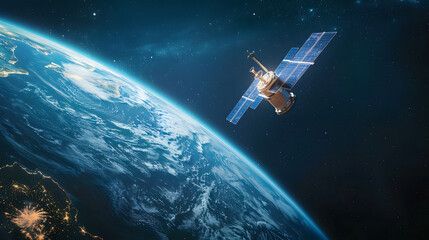 Obraz premium Satellite orbiting Earth with a backdrop of stars, emphasizing space technology and global communication.