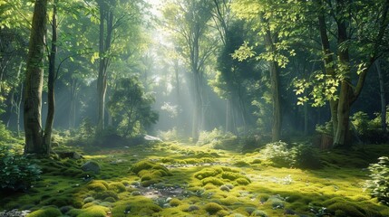 Obraz premium A photorealistic scene of a tranquil forest, with sunlight filtering through the trees and a serene atmosphere. The dense foliage, moss-covered ground, and soft light create a peaceful and immersive
