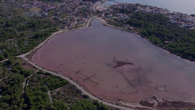 Aerial view of pink lake and coastal town with forest, Zablace, Sibenik, Croatia.