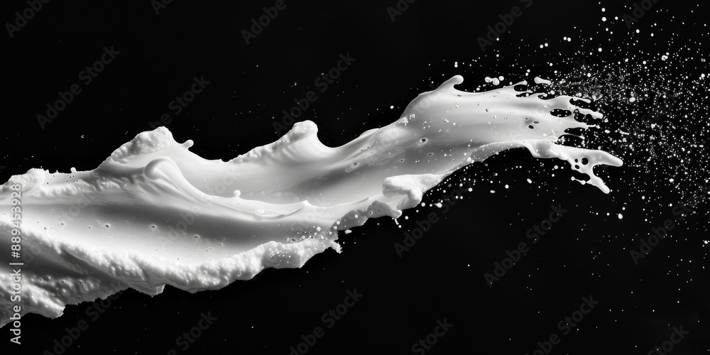 Poster a close-up shot of a splash of milk in black and white, suitable for use in editorial or advertising