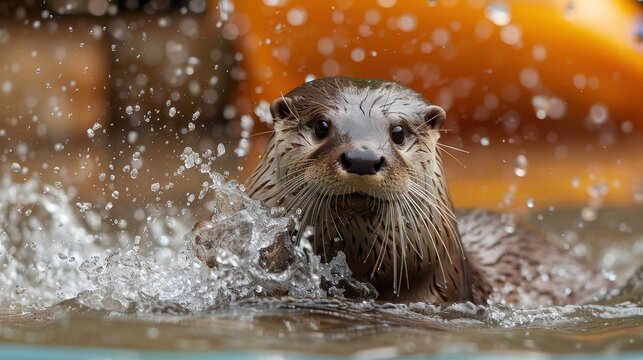 A playful otter splashing joyfully in a pool. The scene captures the otter's energetic and curious nature, with water droplets and vibrant surroundings adding to the lively atmosphere.