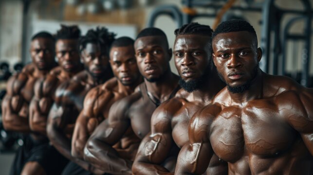 Group of strong black men posing confidently during a workout routine in a gym.