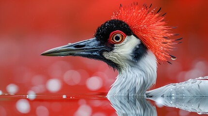 Fototapeta premium A Grey Crowned Crane With Red Feathers Floating in a Still Red Pond