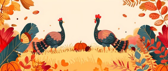 Obraz premium Thanksgiving Doodle Page Print Border Design with HandDrawn Turkeys and Autumn Foliage