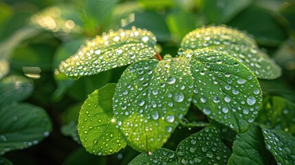 Raindrops on green leaves, backlit by the sun, creating a sparkling effect.