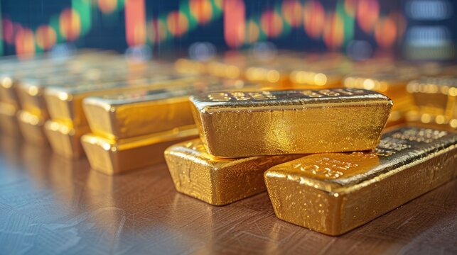 Gold bars on a table with fluctuating gold futures charts in the background.