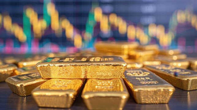 Gold bars on a table with fluctuating gold futures charts in the background.