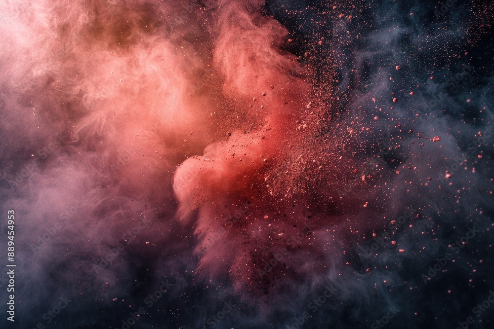 Poster A close-up shot of a red dust cloud with textured particles and a dark background
