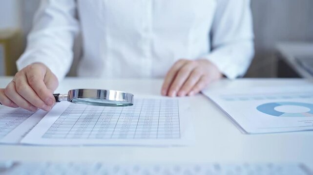 Businesswoman with white blues is analyzing financial data on a spreadsheet using a magnifying glass. Audit and taxes