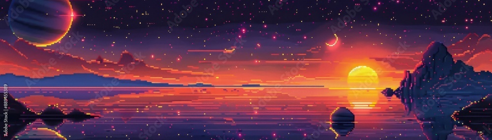 Canvas Prints a colorful painting of a sunset with a large red planet in the background. the sky is filled with st