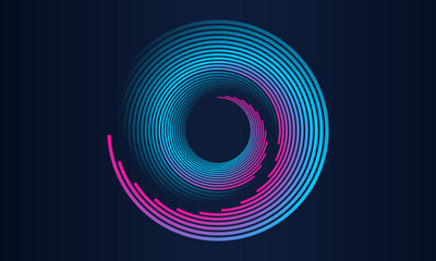 Abstract circle line pattern spin blue pink light isolated on black background in the concept of music, technology, digital