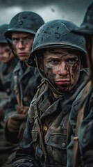 Fototapeta premium A group of soldiers with blood on their faces.