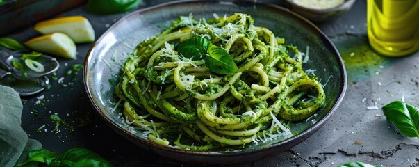 Delicious fresh pesto pasta garnished with cheese and basil leaves, served in a rustic setting with ingredients in the background.