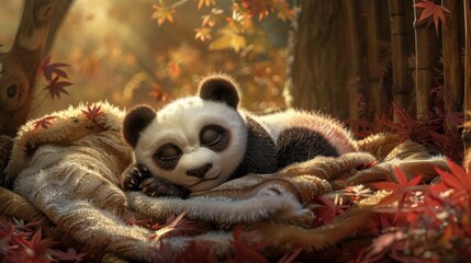 A tiny panda nestled cozily on a plush bed, surrounded by soft, inviting textures. The setting is serene and tranquil, with the little panda sleeping peacefully.