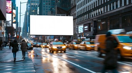 Billboard on a Busy Street: A blank billboard on a busy city street, with cars and pedestrians passing by.
