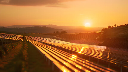 Fototapeta premium Solar panels reflecting the sunset in a mountainous landscape, illustrating the integration of renewable energy and nature.