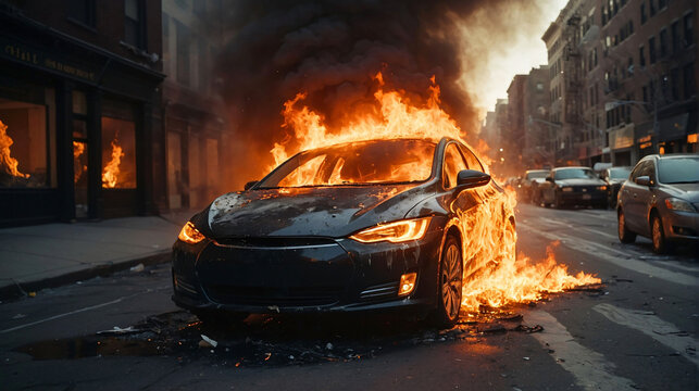 Car on fire. Car wreck burning with flames and smoke on city street. Concept of street riots, arson, vandalism, fire hazard