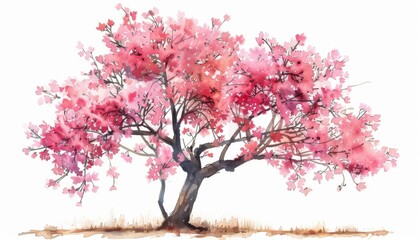 A blossoming cherry tree, spring flowers, watercolor style, isolated on white background