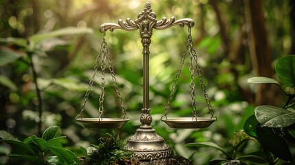 Scales of justice set in a lush forest, symbolizing the intersection of environmental conservation and legal principles.